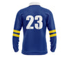 Custom yellow and blue long-sleeve school leaver with white accents